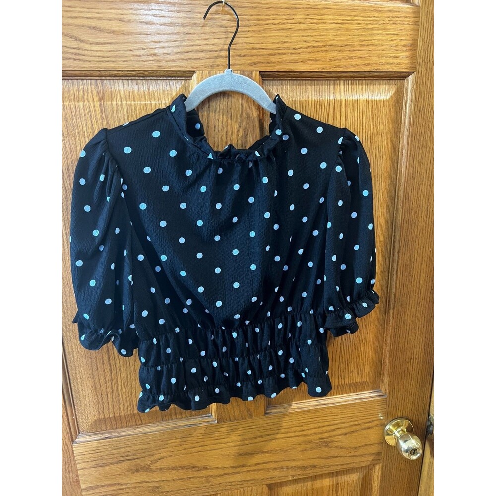 Who What Wear Women’s Black Smocked polka dot Short Sleeve Blouse Top Size XS